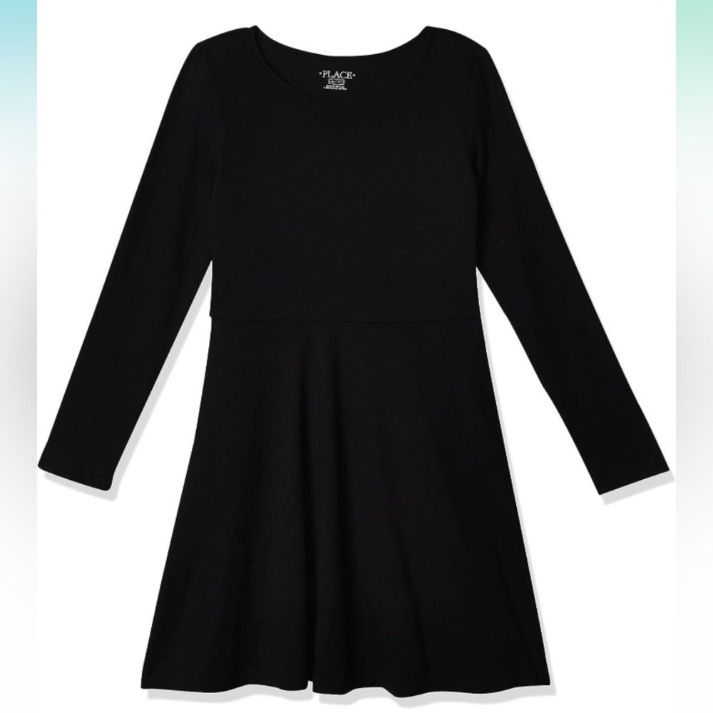 Girls' Solid Long Sleeve Skater Dress - S, black